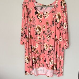 Piphany Coral Floral Scoop-Neck Tunic 3/4 sleeves